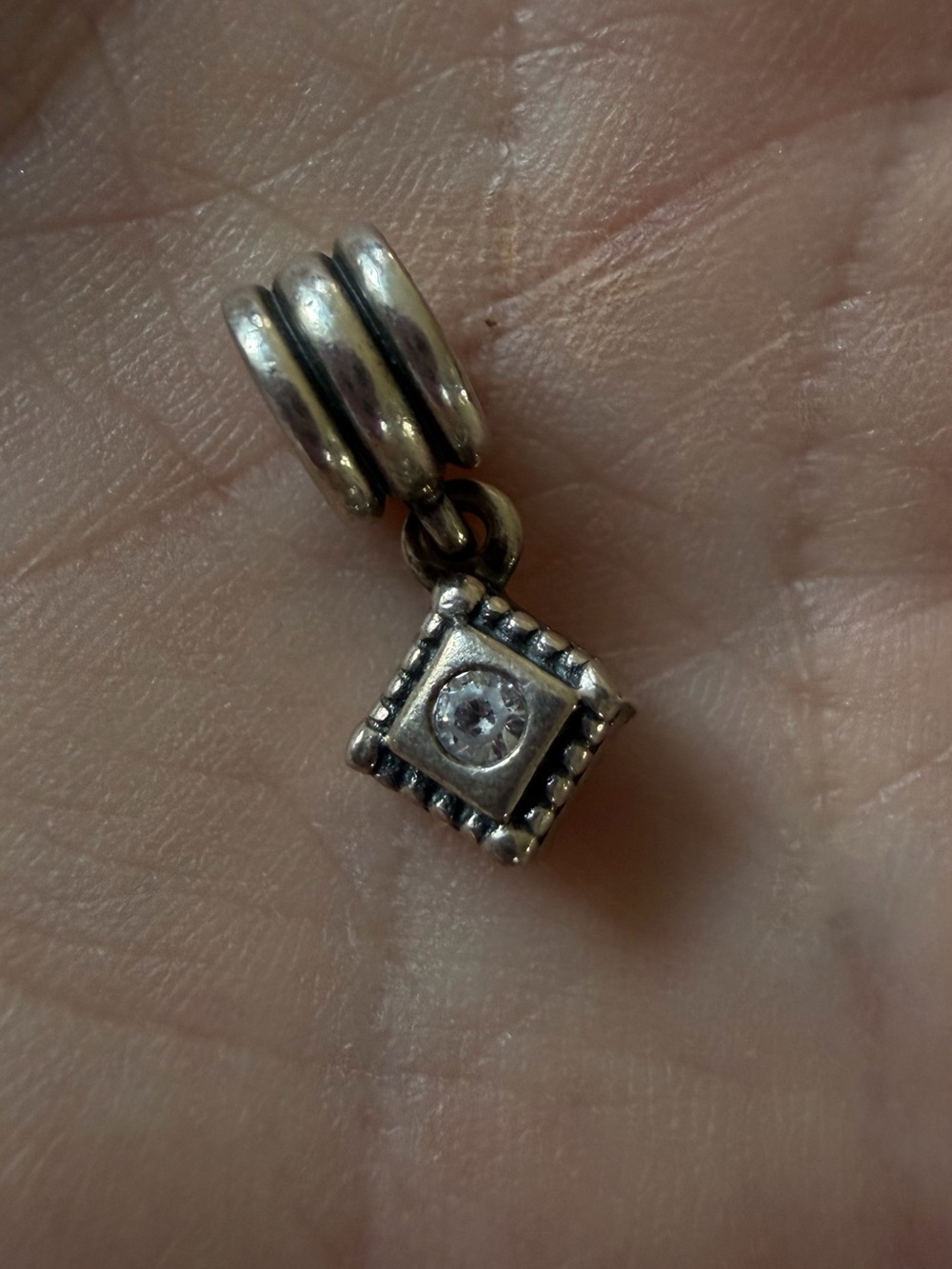 Pandora Silver Square Dangle Charm with Clear Stone